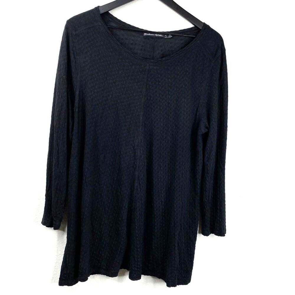 Gudrum Sjoden Top Women's Black Sz L Textured Lagenlook Tunic 3/4 Sleeves